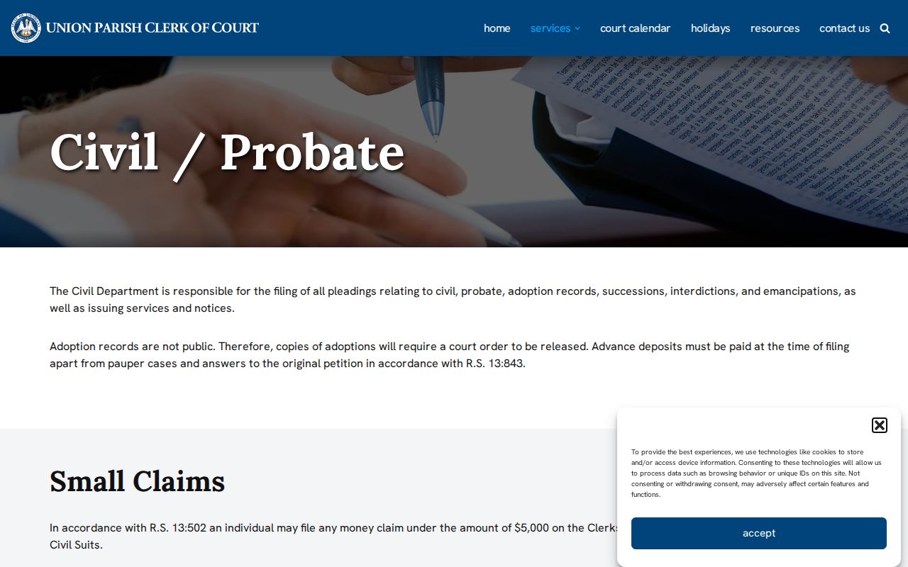 Union Parish civil court dockets civil and probate records information