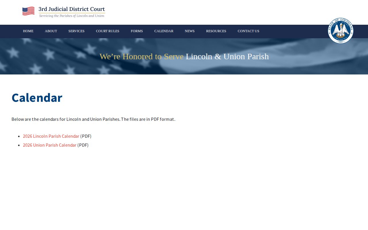 Union Parish court schedule Third Judicial District calendar index